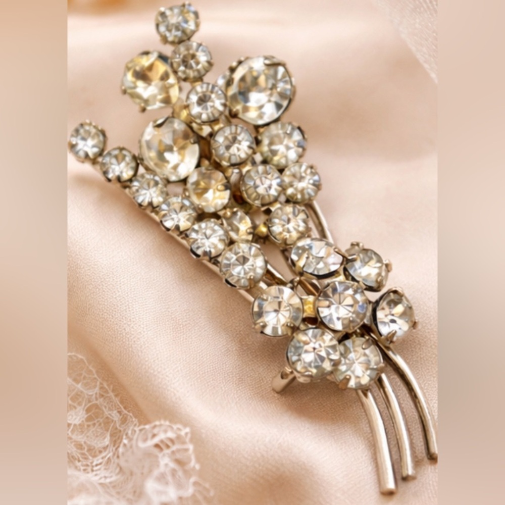 Vintage Austria Rhinestone Spray Brooch 2” Silver Tone Mid-Century Crystal Pin